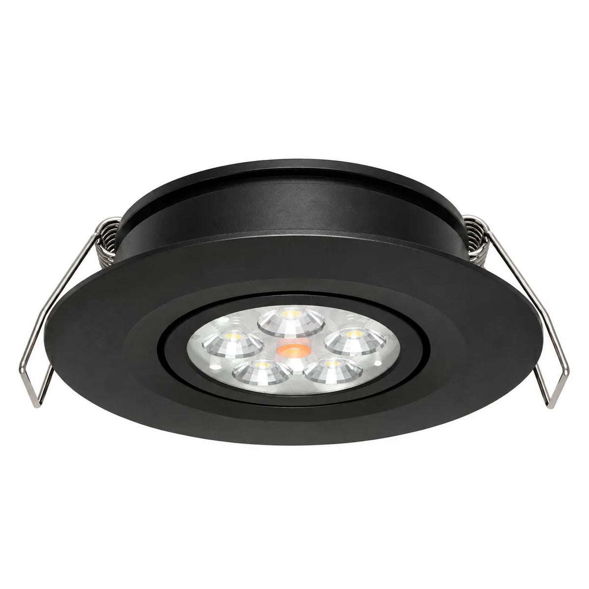 Black dual colour recessed downlights with swivel adjustment and dimming for caravan interiors
