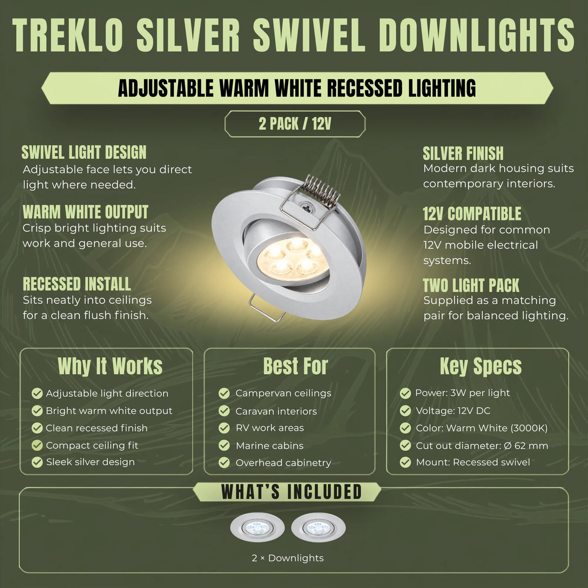 Warm white silver ceiling lights with swivel adjustment for campervan installations
