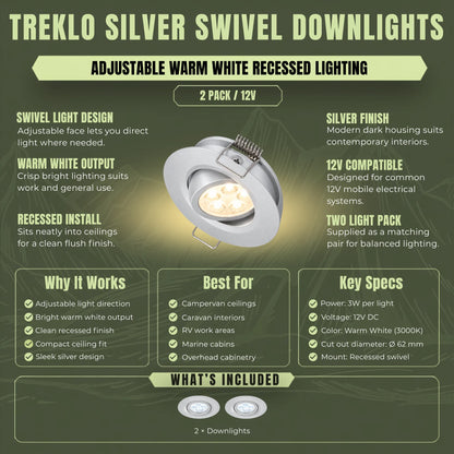 Warm white silver ceiling lights with swivel adjustment for campervan installations