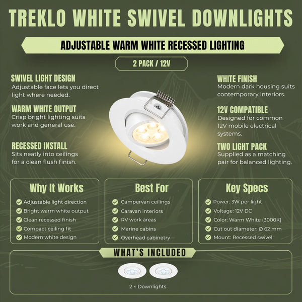 Warm white ceiling light pair in white with pivot adjustment for comfortable campervan lighting