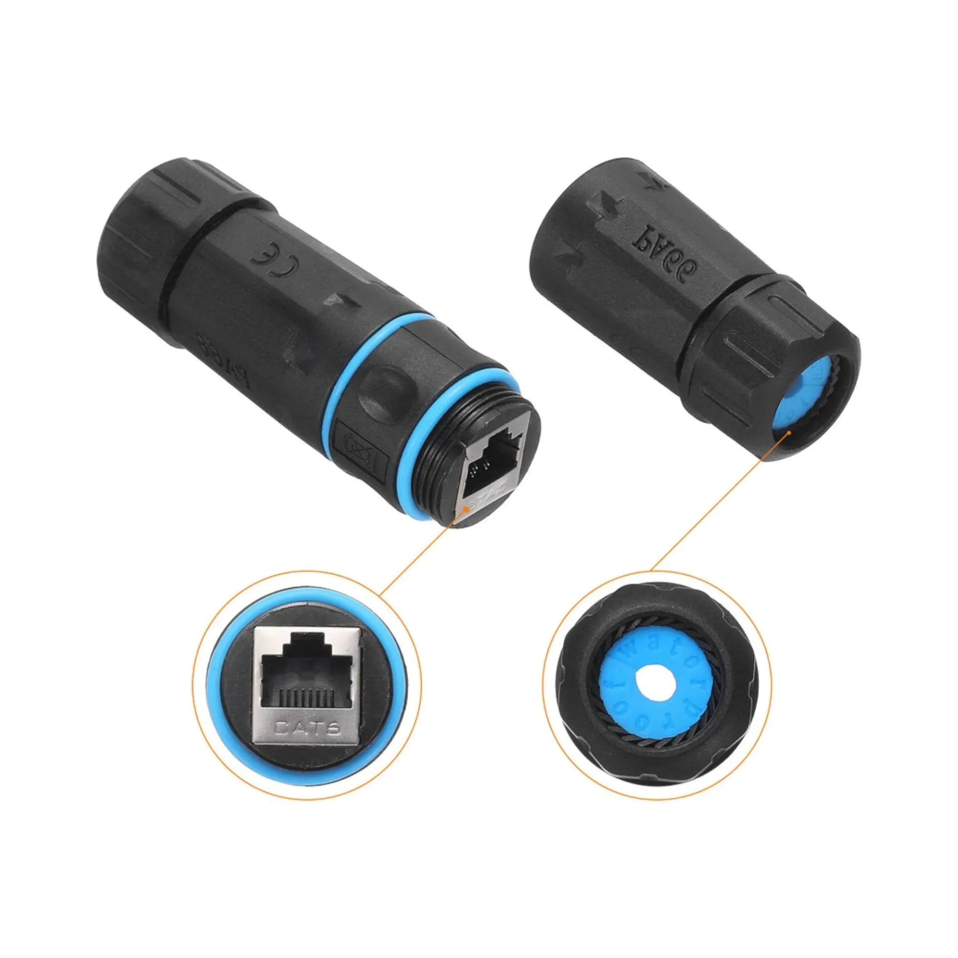 waterproof CAT6 RJ45 female-to-female coupler with sealing caps