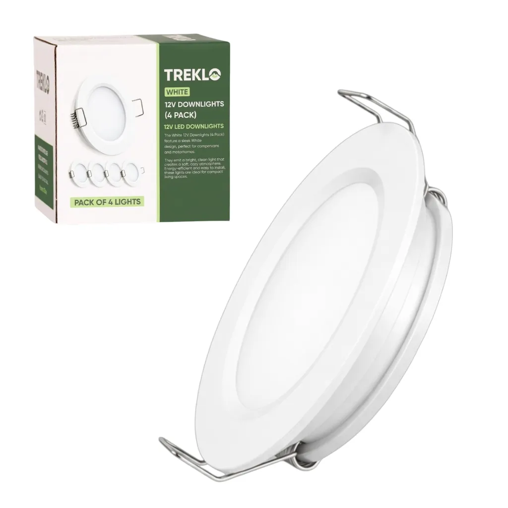 White 12v LED downlights 4 pack with warm white lighting for caravan interiors