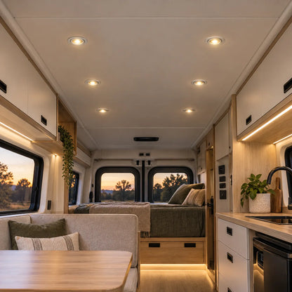 White campervan pivot lights featuring red night mode for bedrooms and sleeping spaces