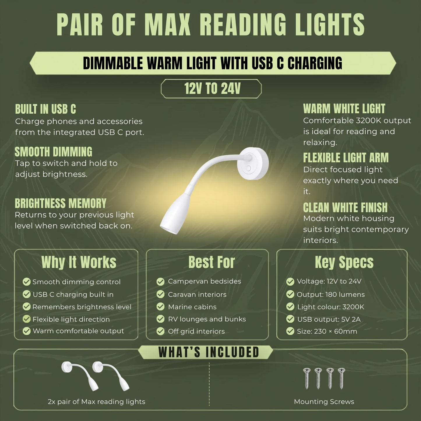 Dimmable 12v white Max reading lights with integrated USB C charging for campervan interiors