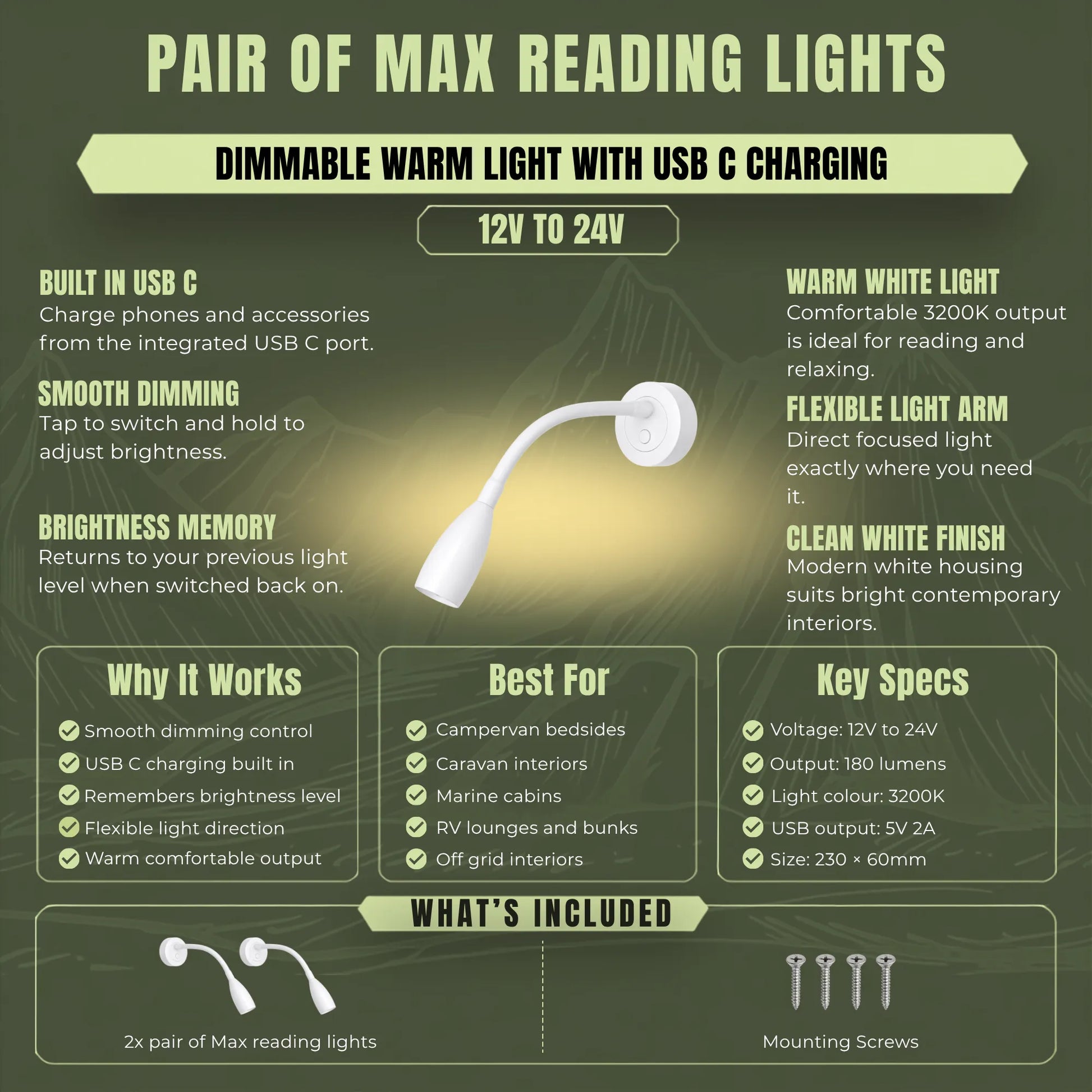 Dimmable 12v white Max reading lights with integrated USB C charging for campervan interiors