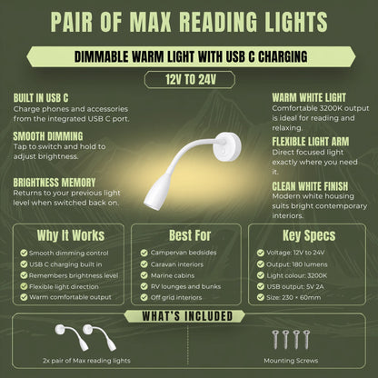 Dimmable 12v white Max reading lights with integrated USB C charging for campervan interiors