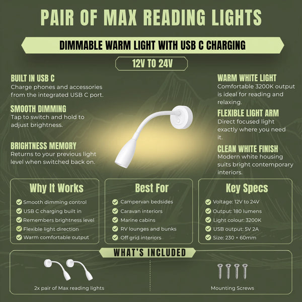 Dimmable 12v white Max reading lights with integrated USB C charging for campervan interiors