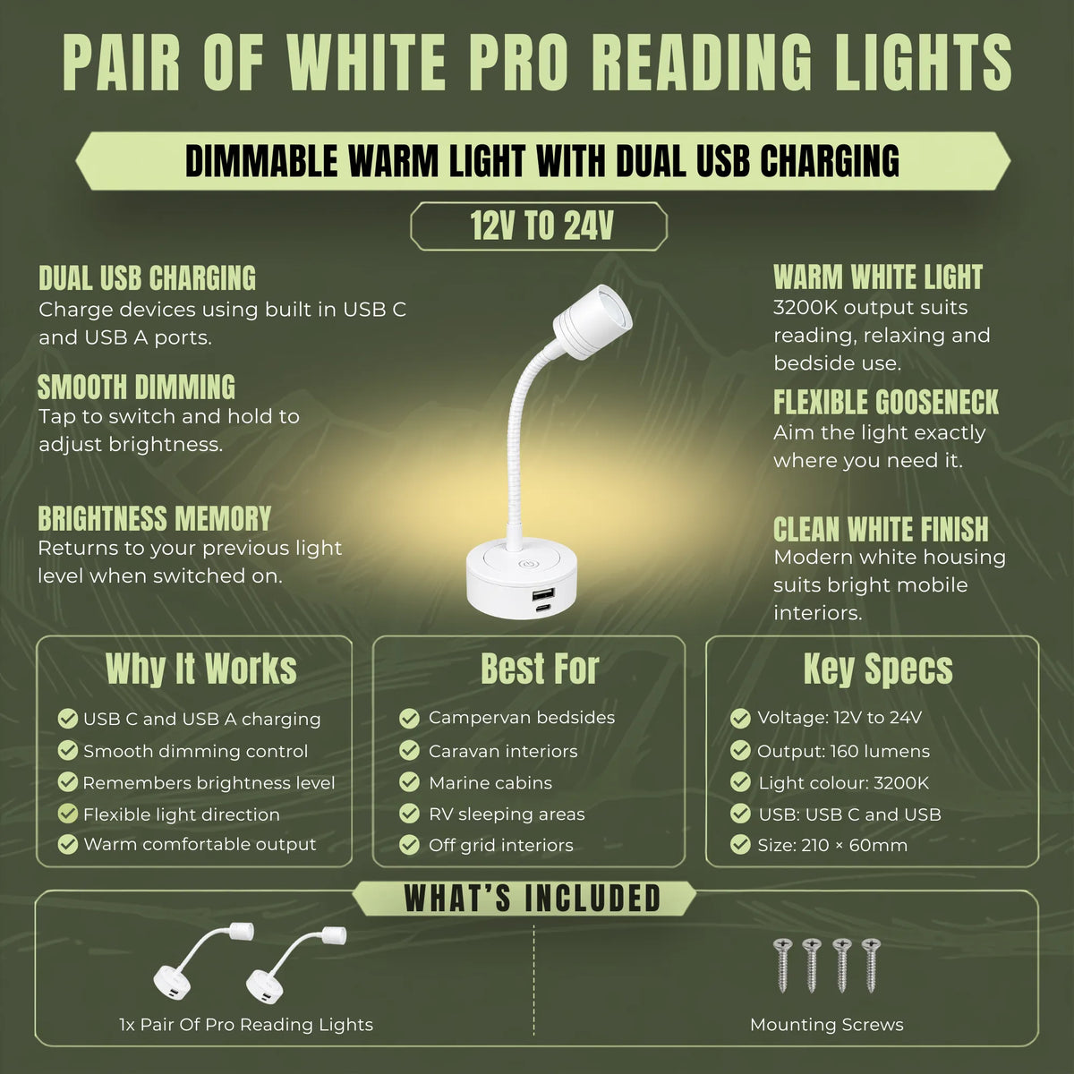 White Pro reading lights with USB C and USB A charging for caravan interiors