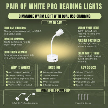 White Pro reading lights with USB C and USB A charging for caravan interiors
