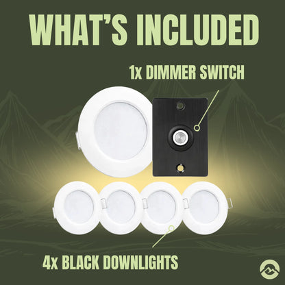 White RV LED downlight system by Treklo for soft adjustable interior ceiling lighting