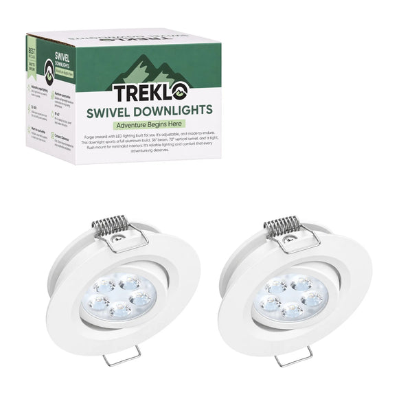 White swivel recessed downlight two pack with 12v warm white illumination for caravan interiors