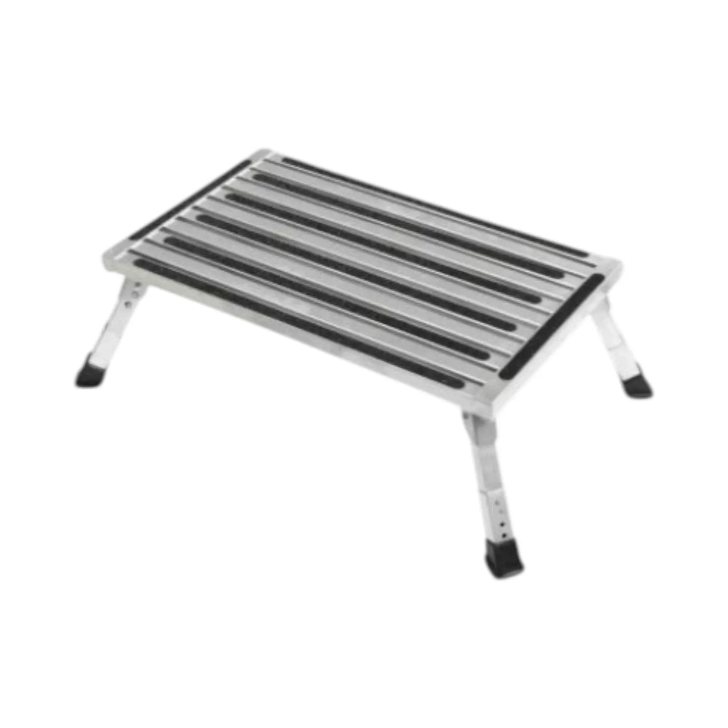 Extra large folding caravan step with adjustable legs for uneven ground