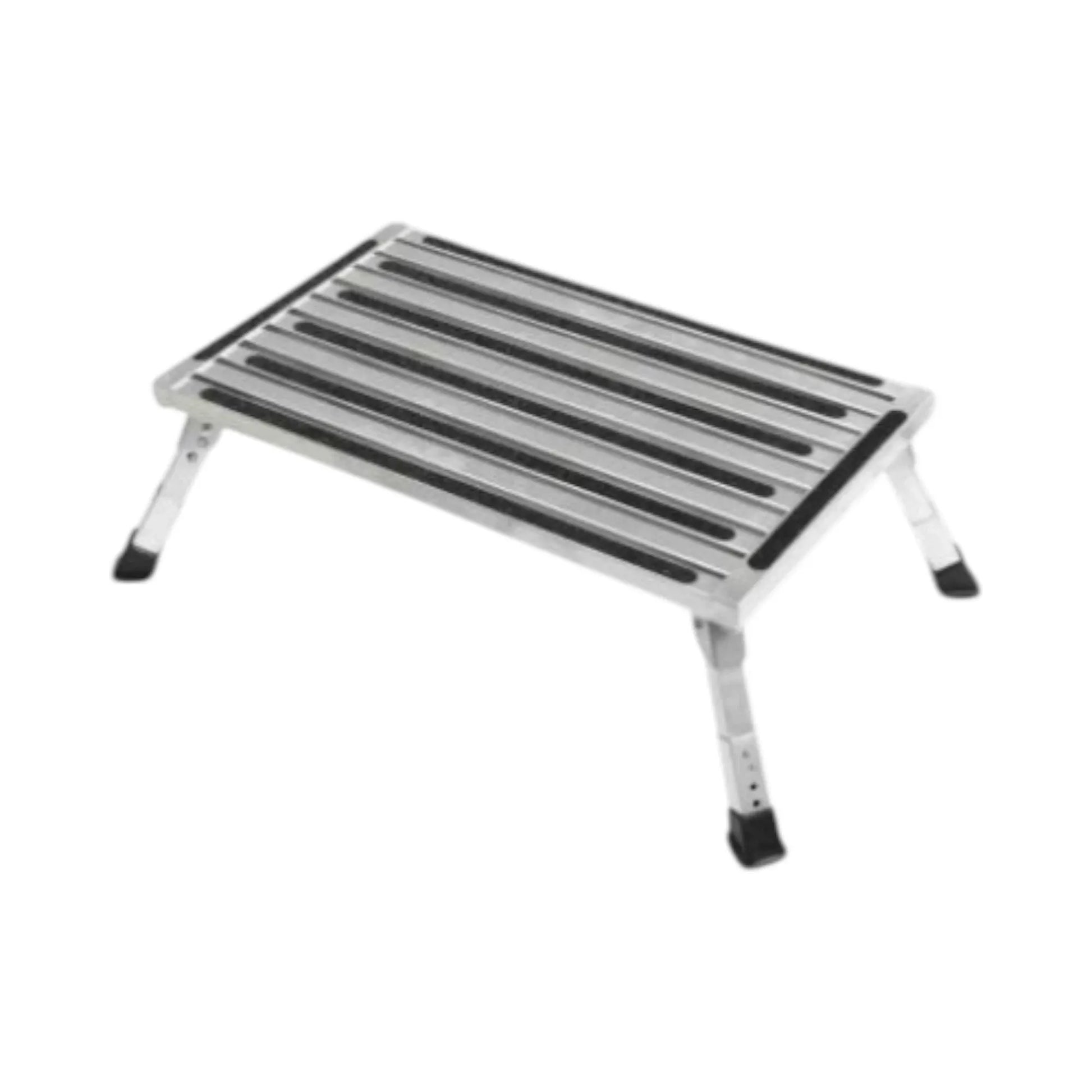 Extra large folding caravan step with adjustable legs for uneven ground