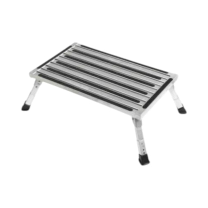 Extra large folding caravan step with adjustable legs for uneven ground