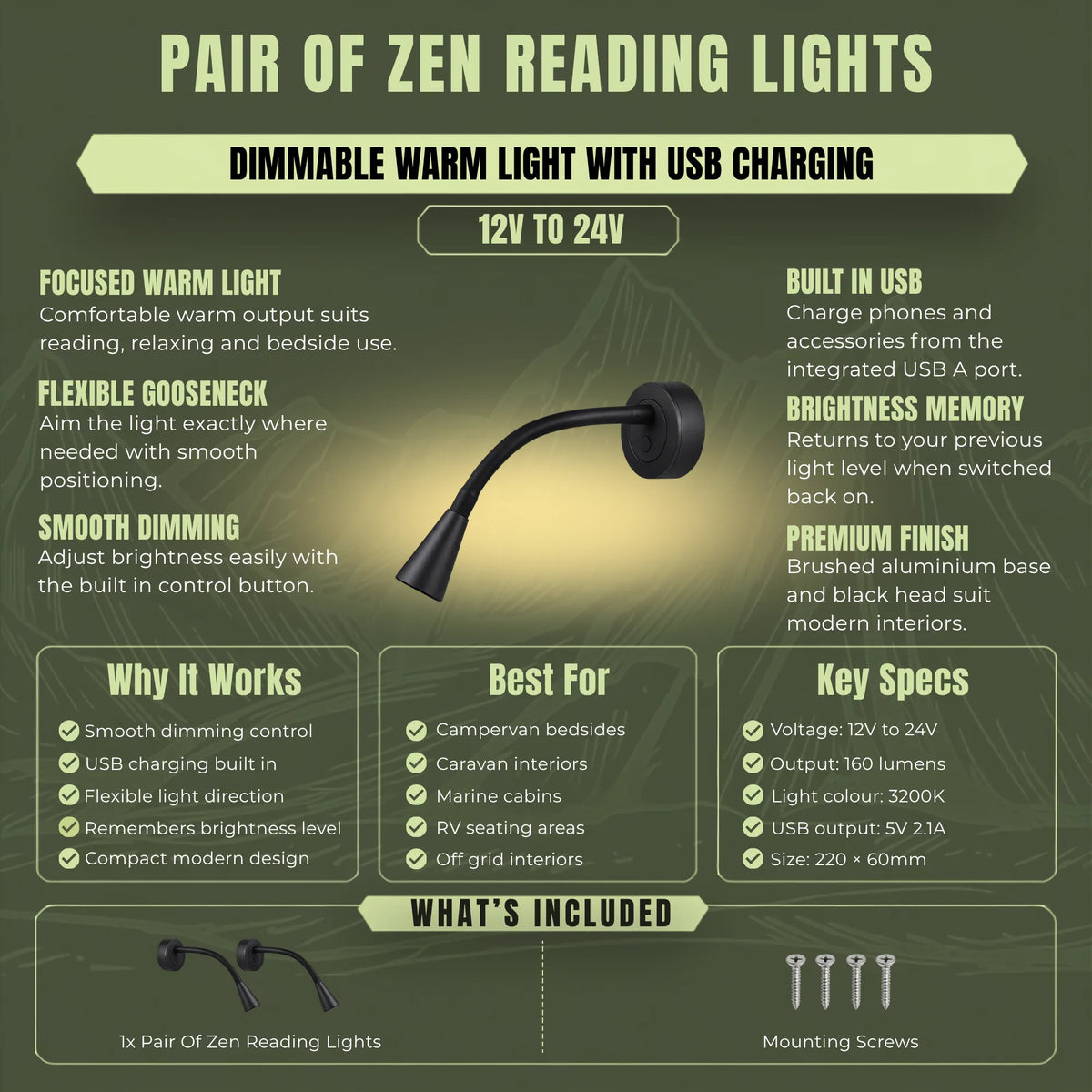 Pair of Zen LED reading lights with USB charging and touch dimming for caravans