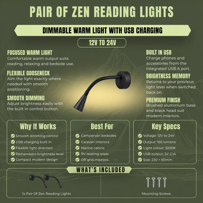 Pair of Zen LED reading lights with USB charging and touch dimming for caravans